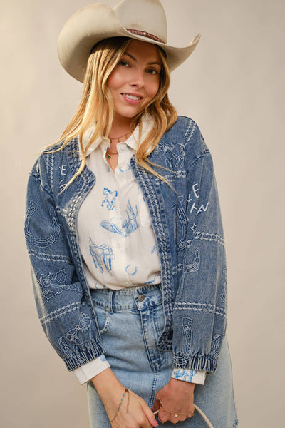 Blue B - 23883J Western Embroidery Puff Sleeve Denim Jacket: MEDIUM WASH / S-M-L (2-2-2)