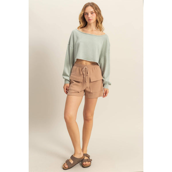Frayed Detail Long Sleeve Crop Top
