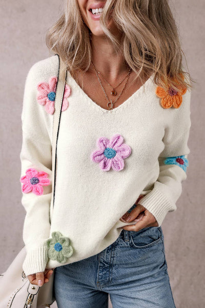 Beautiful Flower Detail Fuzzy V Neck Sweater