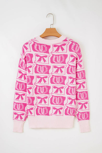 66DISCO - 66 Bows Horseshoes Pattern Western Plus Size Sweater (S-4X): Blue / XL
