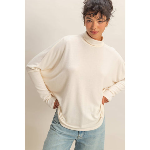 Draped Oversized Turtleneck Dolman Sleeve Top