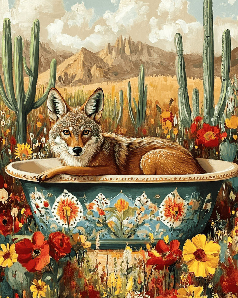 Mowbi - Coyote in a Bathtub - Southwest Bathroom Wall Art Prints – 8″x10″ Artwork for 11″x14″ Frame