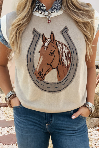 Western Horse Shoe Color Block Trim Sleeveless Sweater