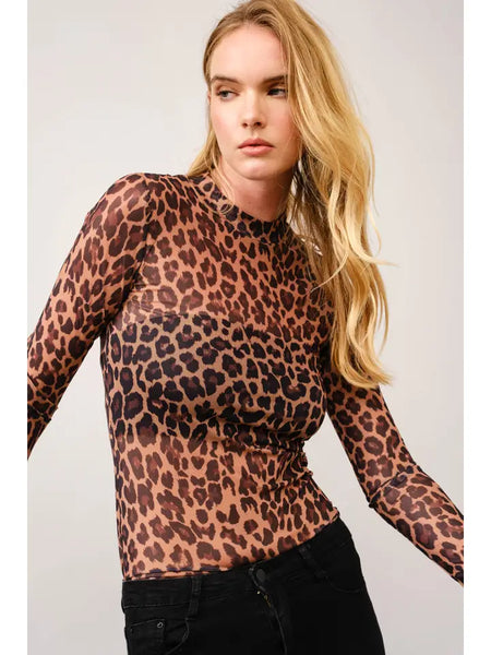 Leopard Mesh Mock Neck Fitted Top