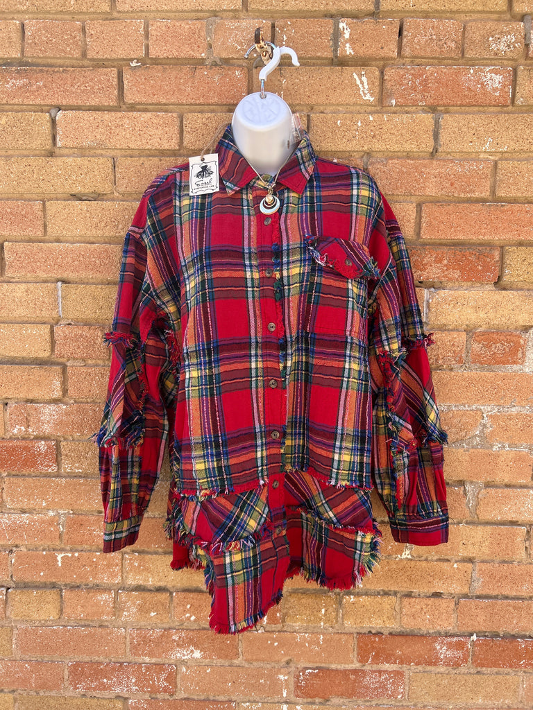 Plaid Self Fray Washed Button Down Shirt.