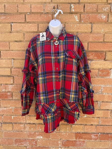 Plaid Self Fray Washed Button Down Shirt.