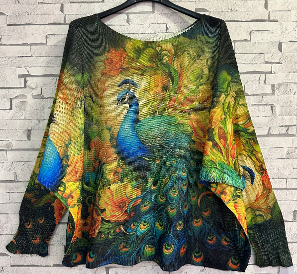 Peacock Blue Yellow  Printed Knit Sweater