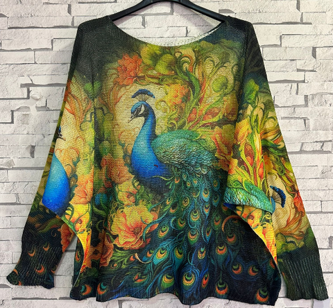 Peacock Blue Yellow  Printed Knit Sweater