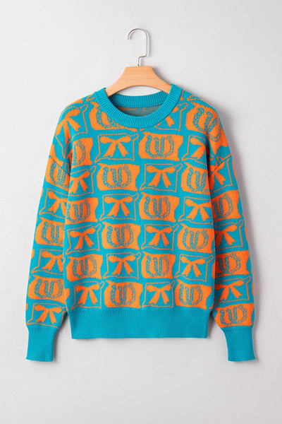66DISCO - 66 Bows Horseshoes Pattern Western Plus Size Sweater (S-4X): Blue / L