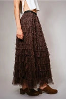 Leopard Print Tiered Ruffle Tulle Maxi Skirt