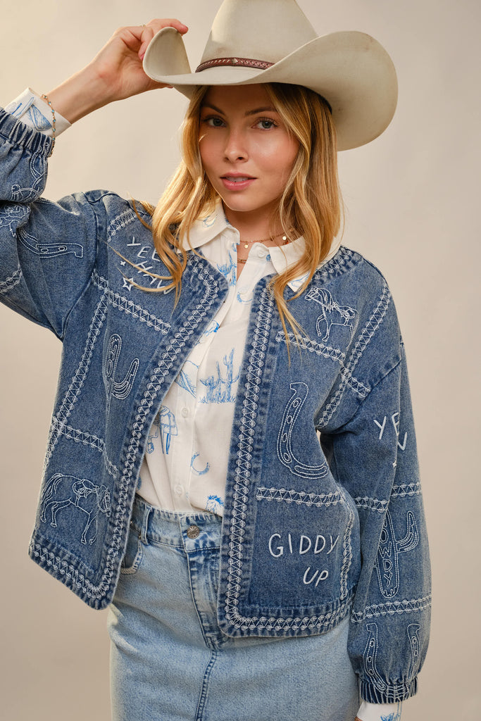 Blue B - 23883J Western Embroidery Puff Sleeve Denim Jacket: MEDIUM WASH / S-M-L (2-2-2)