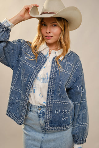 Blue B - 23883J Western Embroidery Puff Sleeve Denim Jacket: MEDIUM WASH / S-M-L (2-2-2)