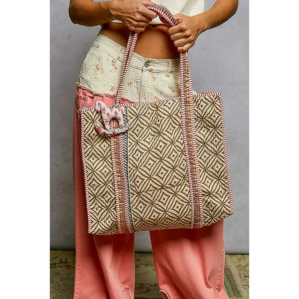 Striped Bias Tape Bohemian Quilted Beige Tote Bag