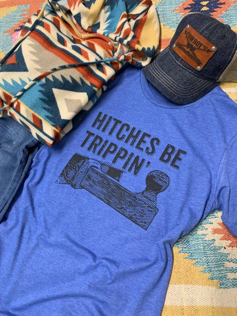 Hitches Be Trippin' trailer hitch graphic tee- Blue