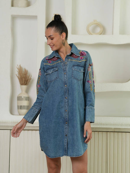 Avani Del Amour - Selena Embroidered Denim Shirt Dress: Ruby Gold