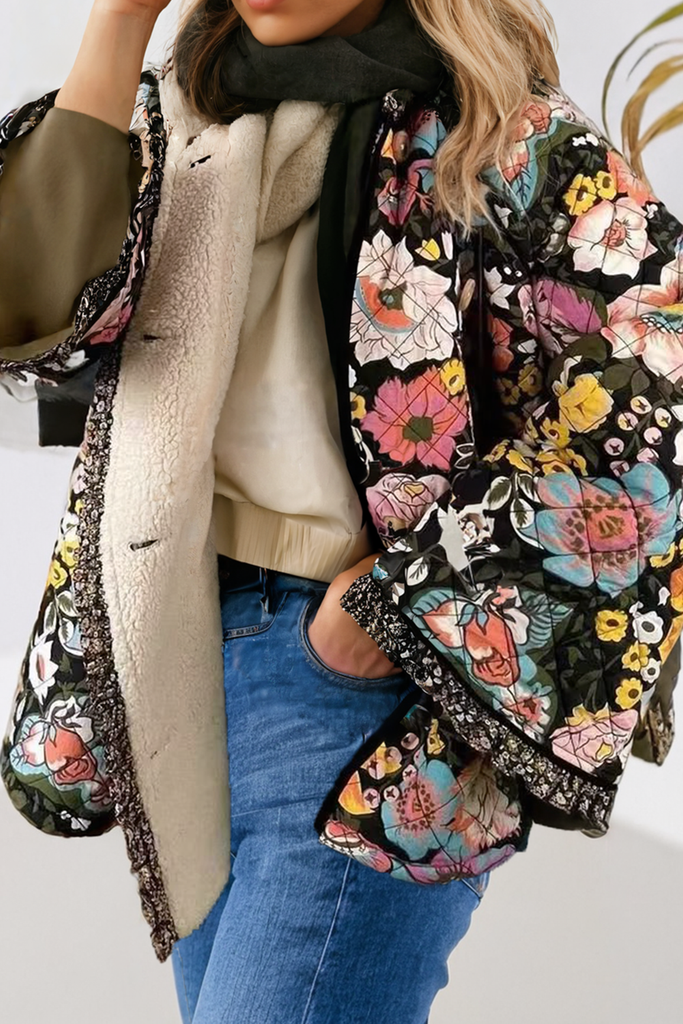 Floral Print Quilted Fleece Lined Buttoned Jacket