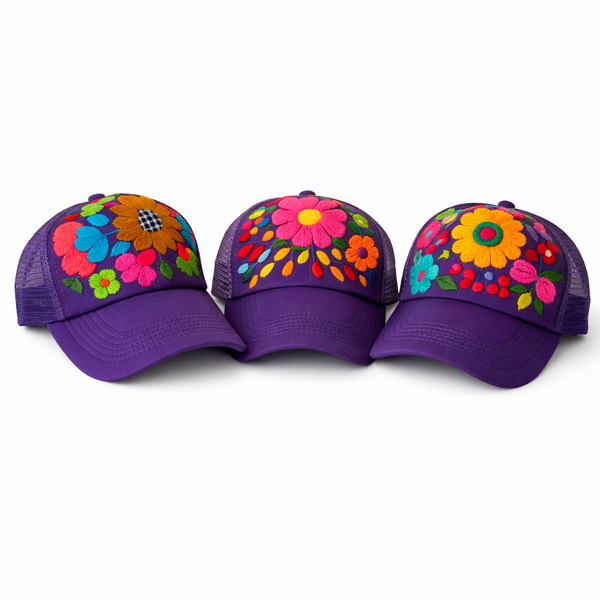 Lumily - Tulum Hand Embroidered Trucker Flower Hat - Mexico: Red Assorted