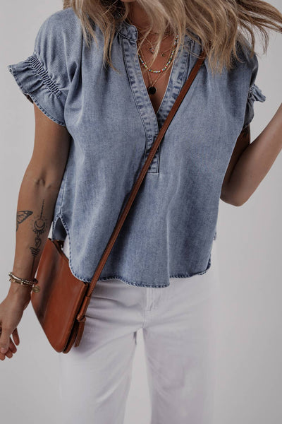 Ruffled Short Puff Sleeve Denim Top