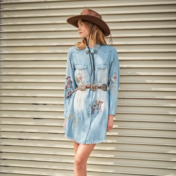 Western Embroidered Tencel Shirt Dress