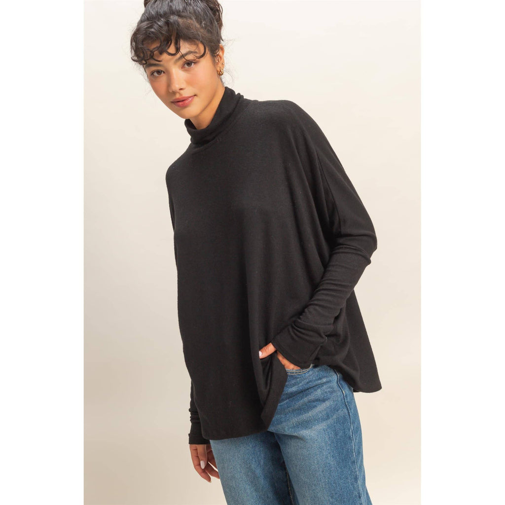 Draped Oversized Turtleneck Dolman Sleeve Top