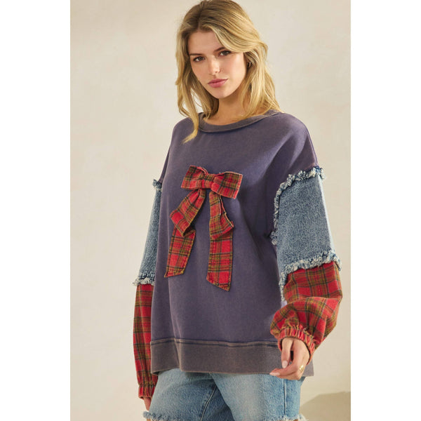 PLAID BOW DENIM SLEEVE PULLOVER