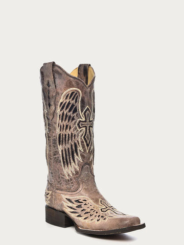 BLACK GLITTER INLAY CROSS AND WINGS EMBROIDERY SQUARE TOE COWBOY BOOT