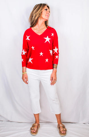 Red - V-Neck Star Sweater