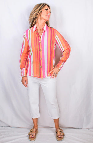 Stripe Long Sleeve Blouse- Pink Orange