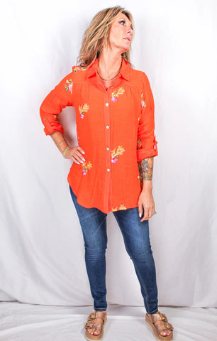 Button Front 3/4 Roll Up Sleeve Blouse