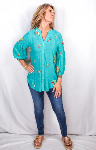Turquoise - 3/4 Sleeve Embr Blouse