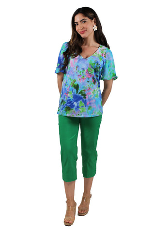 Fiona Blue Ruffle Elbow Sleeve Tie V-Neck Blouse