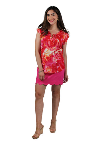 Rose Pink Ruffle Elbow Sleeve Tie V-Neck Blouse