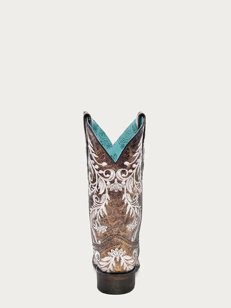 WOMEN'S GLOW IN THE DARK WHITE FEATHERED FLORAL EMBROIDERY BROWN SQUARE TOE COWBOY BOOT