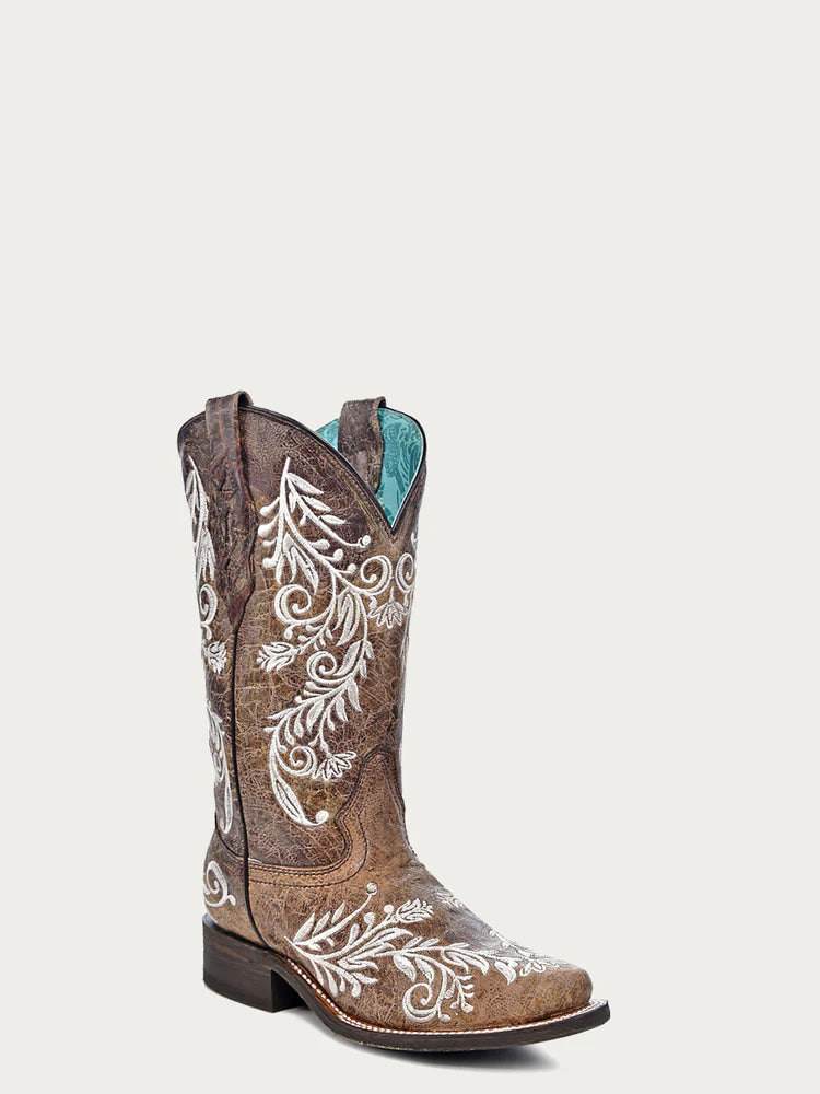 WOMEN'S GLOW IN THE DARK WHITE FEATHERED FLORAL EMBROIDERY BROWN SQUARE TOE COWBOY BOOT