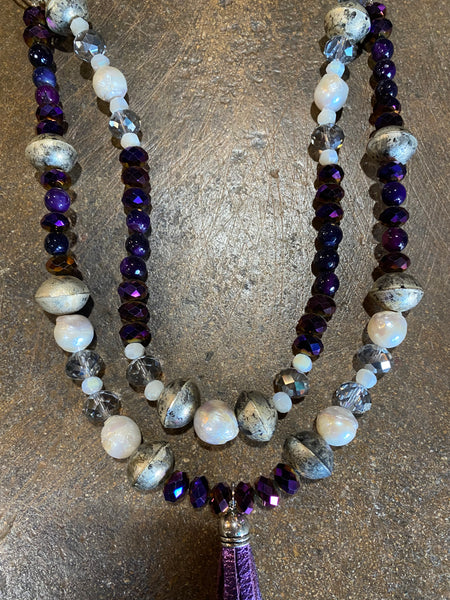 Purple Leather Bead Necklace