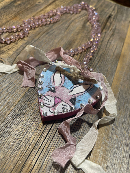 Hand Painted Bunny Wooden Heart: Pink