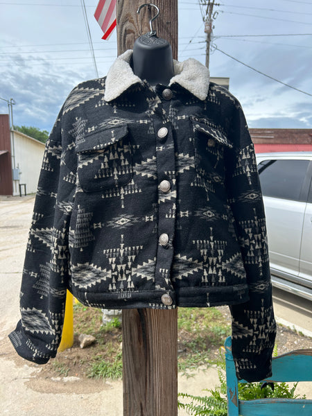Black Aztec Shacket W Ivory Sherpa Collar Plus Size
