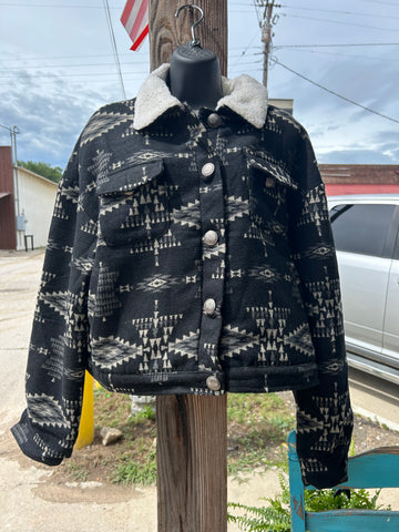 Black Aztec Shacket W Ivory Sherpa Collar Plus Size