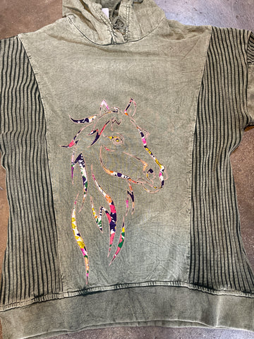 Olive Horse Head Cutout Hoodie