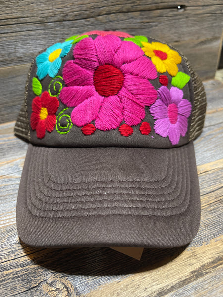 Tulum Hand Embroidered Trucker Flower Hat -2 colors