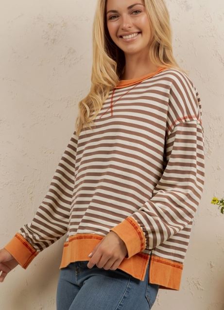 Orange Contrast Trim Striped Pullover