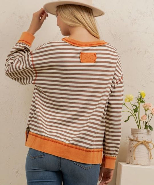 Orange Contrast Trim Striped Pullover