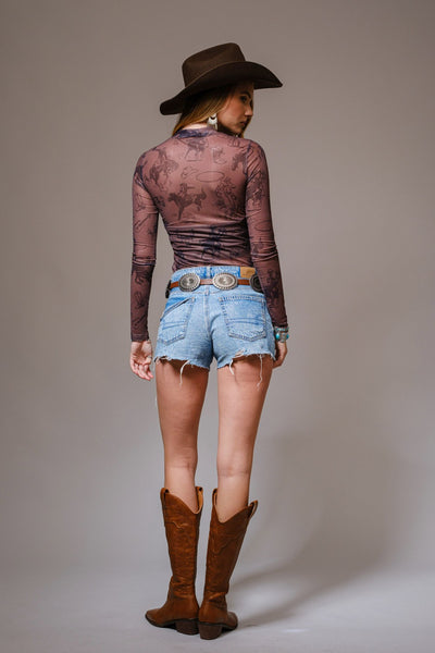 Cowgirl Print Mesh Mock Neck Top