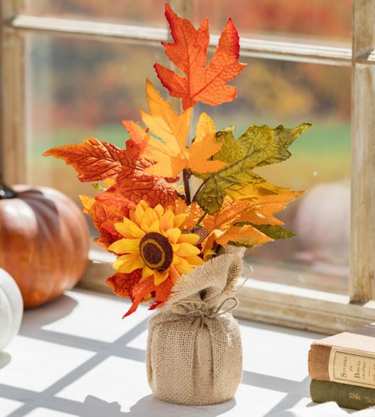 Faux Floral Table Décor, Autumn Sunflower with Burlap Base, 12"H
