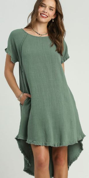 Linen Blend Round Neck Pocket Dress