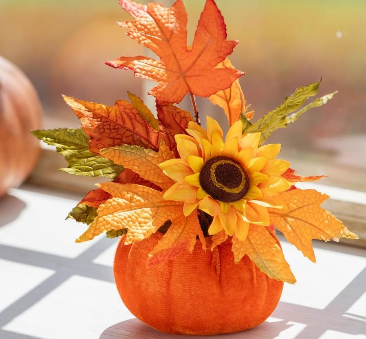 Faux Floral Table Décor, Autumn Sunflower in Pumpkin Vessel, 8"H