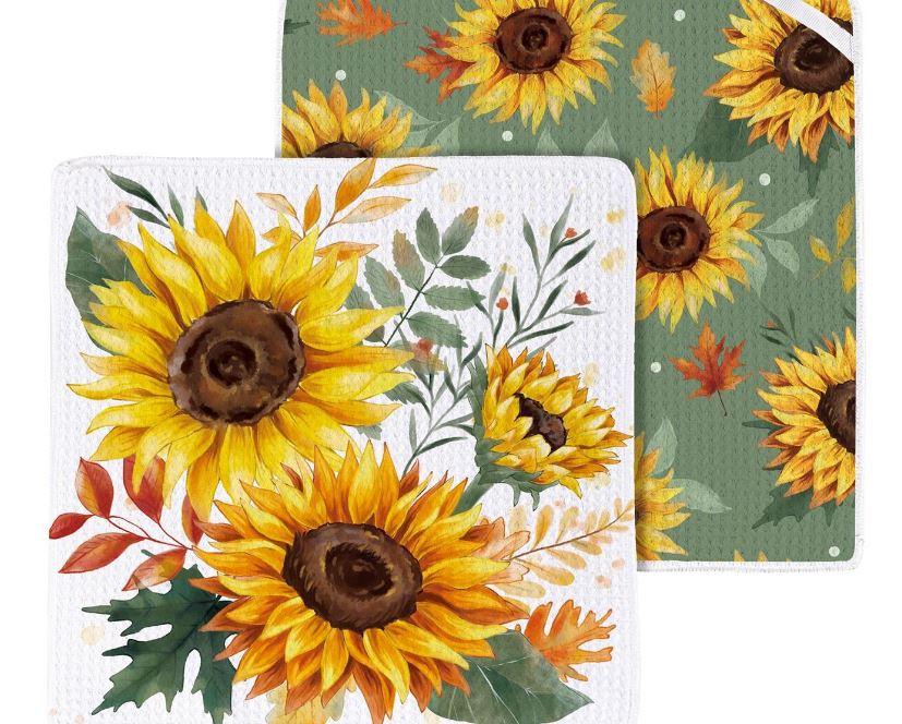 Sunflowers Kitchen Towel Quick Dry Dish Cloth, Set of 3, 10" x 10"