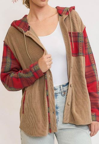 Corduroy Shacket with Plaid Details