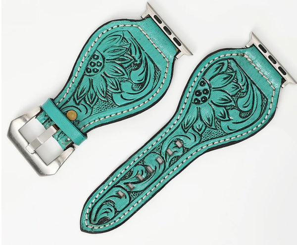 Turquoise Floral Tooled Leather Watch Band