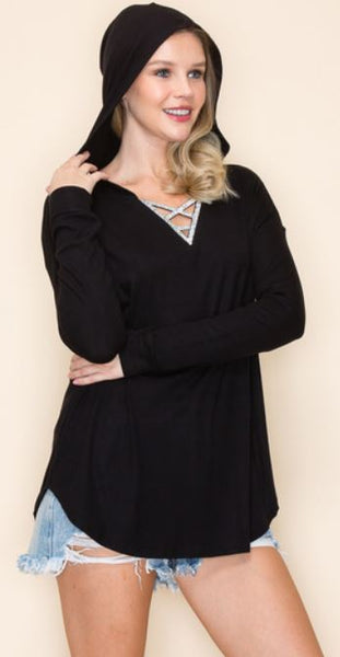 HOODED GEO PATTERN RHINESTONE V NECK